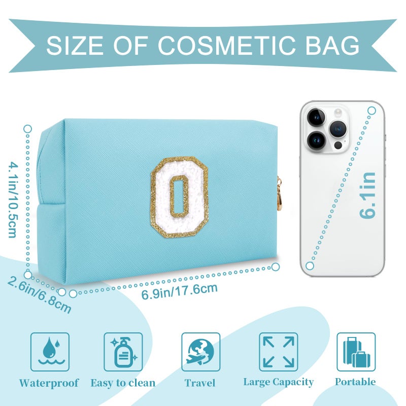 ChaoGreat Small Personalized Initial A-Z Preppy Patch Makeup Bag PU Chenille Letter Travel Cosmetic Pouch with Zipper Blue Cute Toiletry Bag Gift Ideal for Teen Girls Women Teacher Bridesmaid Letter O - Image 2
